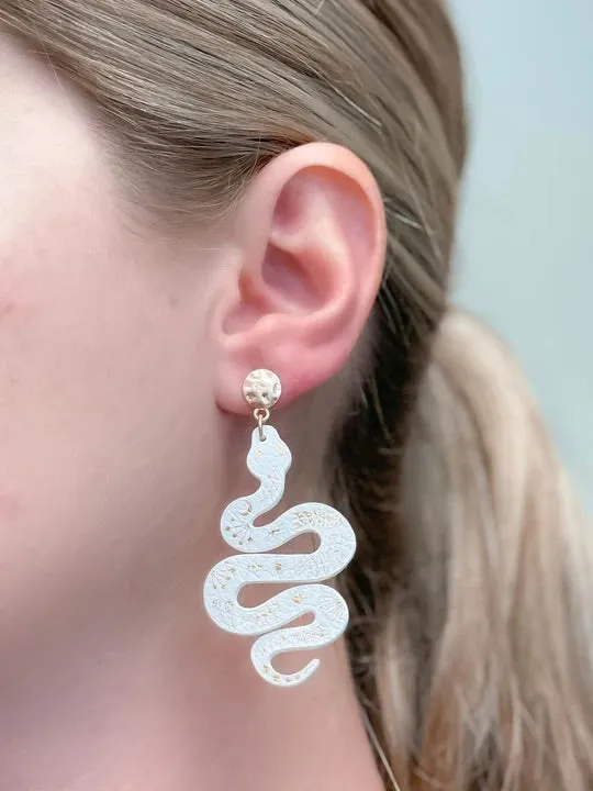 Earrings Prep Obsessed MOA Gold Leather Snake Drop Dangle Earrings White