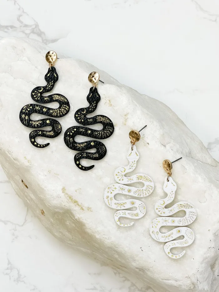 Earrings Prep Obsessed MOA Gold Leather Snake Drop Dangle Earrings White