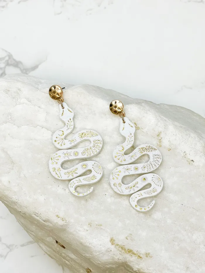 Earrings Prep Obsessed MOA Gold Leather Snake Drop Dangle Earrings White