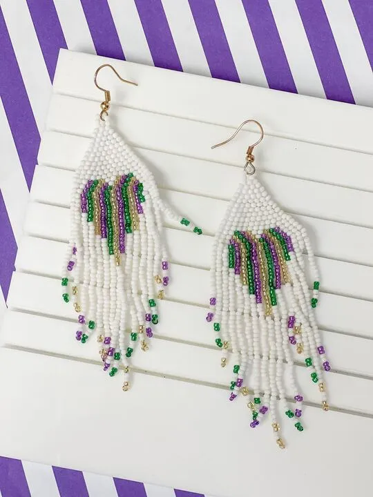 Earrings Prep Obsessed PR Mardi Gras Heart Beaded Tassel Earrings