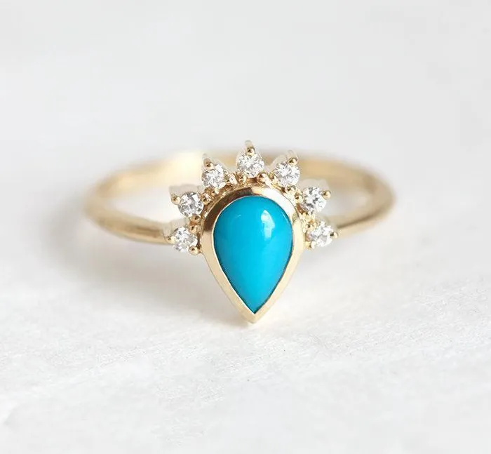 Elegant Turquoise Ring With Half Halo Diamond Crown Capucinne Rings