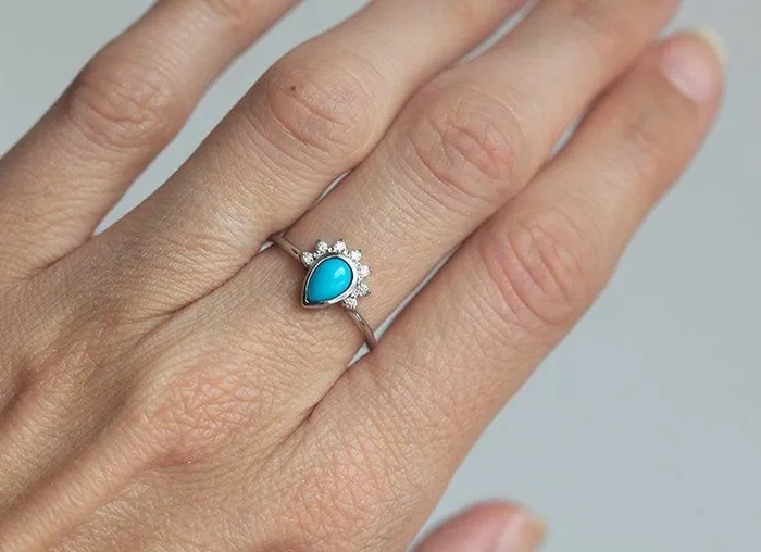 Elegant Turquoise Ring With Half Halo Diamond Crown Capucinne Rings