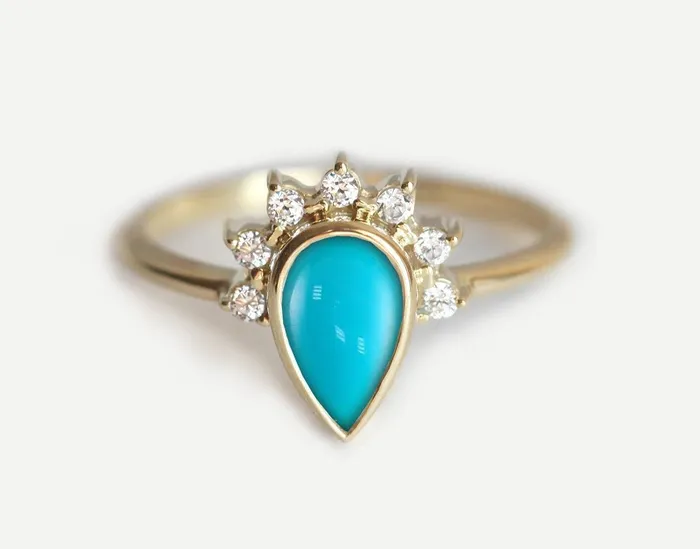Elegant Turquoise Ring With Half Halo Diamond Crown Capucinne Rings