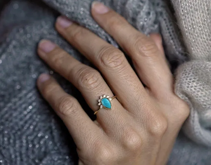 Elegant Turquoise Ring With Half Halo Diamond Crown Capucinne Rings