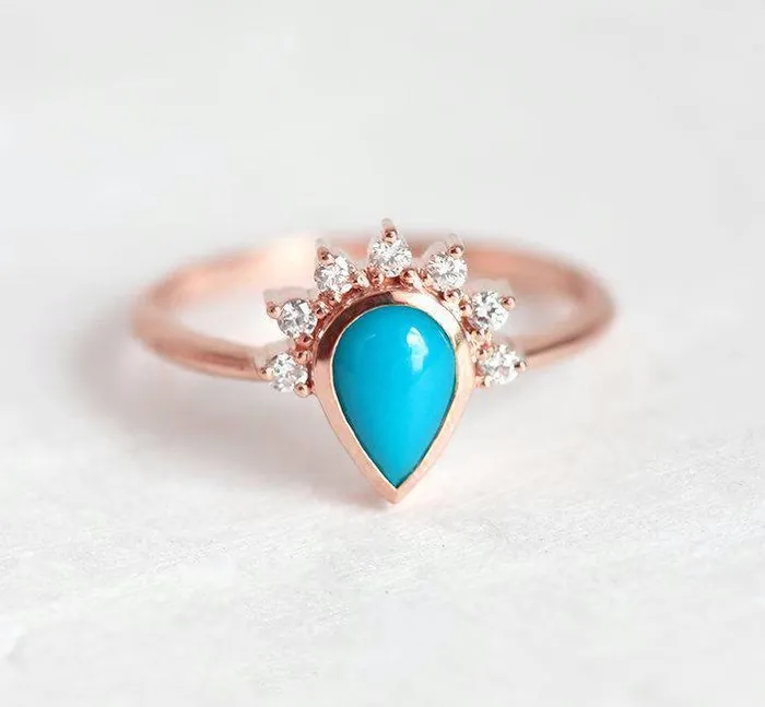 Elegant Turquoise Ring With Half Halo Diamond Crown Capucinne Rings