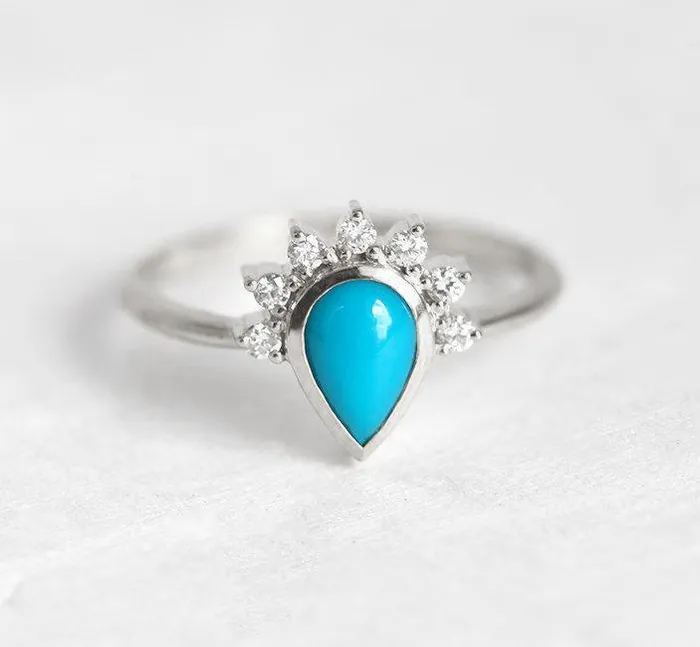 Elegant Turquoise Ring With Half Halo Diamond Crown Capucinne Rings