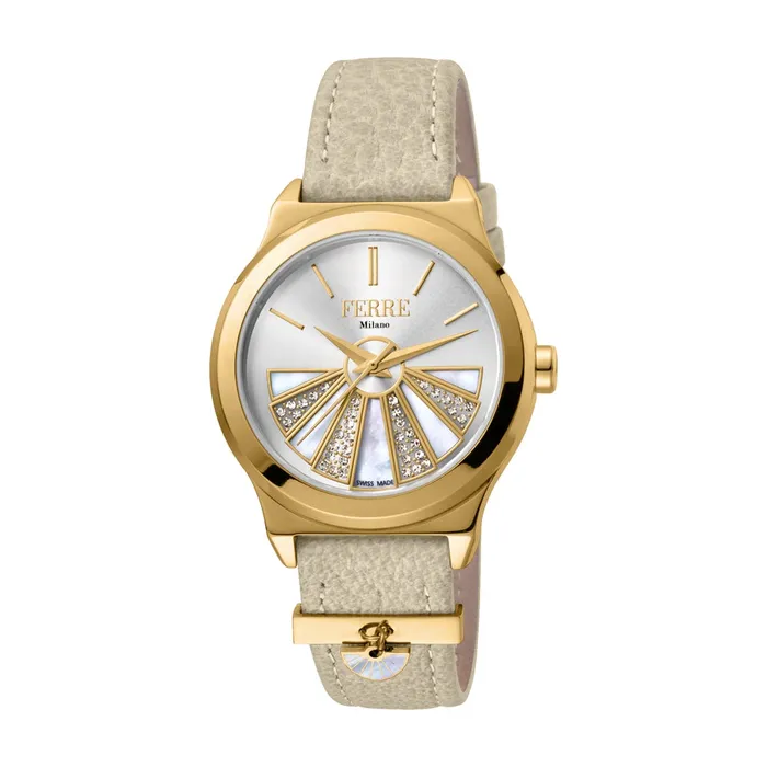 Ferre Milano Watches Ferre Milano Ladies Watch Golden Color Case Beige Leather Strap