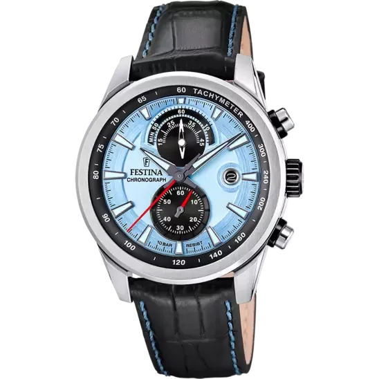 Festina Timeless Chronograph Gents Light Blue Dial Leather Watch Festina Watches