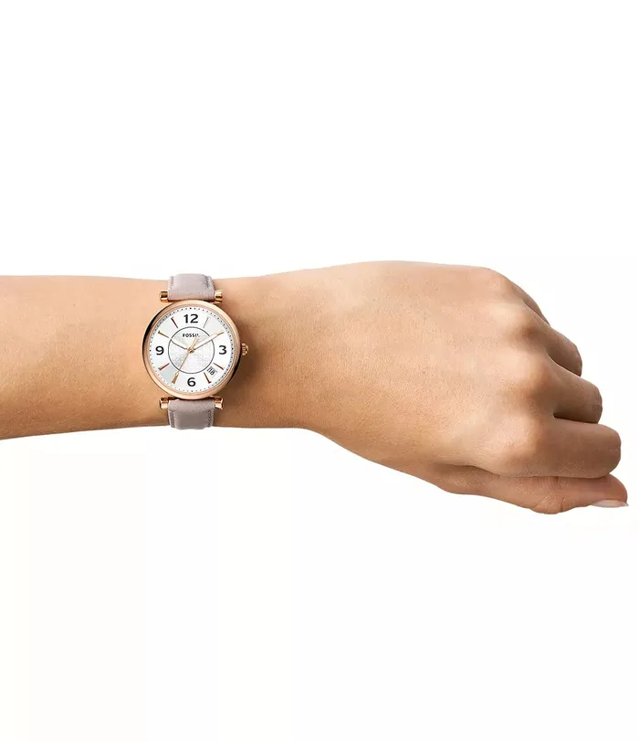 Fossil Watches Fossil Womens Carlie ThreeHand Date Gray LiteHide Leather Watch