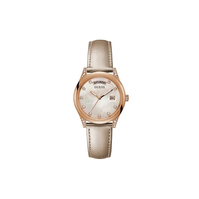 Guess Watches Guess Ladies Quartz Watch Rosegold Plated Steel Case With White Mother Of Pearl Dial Nude Color Genuine Leather Strap