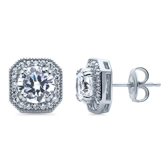 Halo Art Deco CZ Stud Earrings in Sterling Silver BERRICLE Earrings