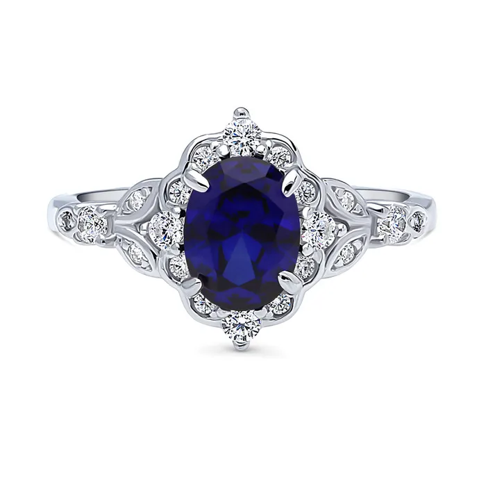 Halo Art Deco Simulated Blue Sapphire CZ Ring in Sterling Silver BERRICLE Rings