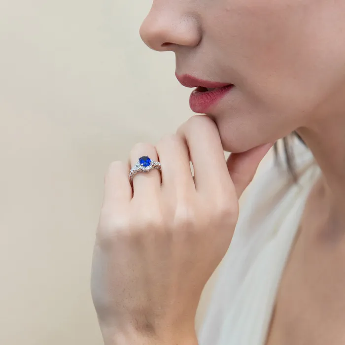 Halo Art Deco Simulated Blue Sapphire CZ Ring in Sterling Silver BERRICLE Rings