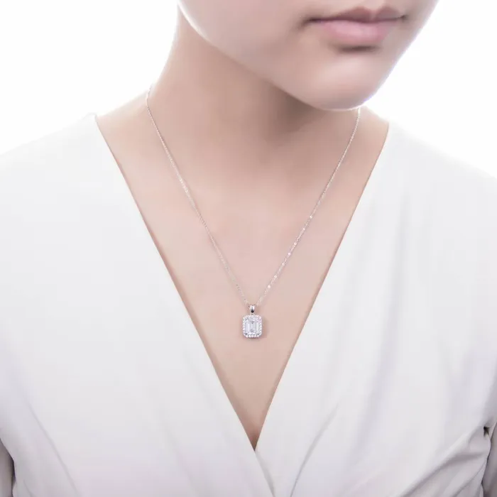 Halo Emerald Cut CZ Necklace in Sterling Silver BERRICLE Necklaces