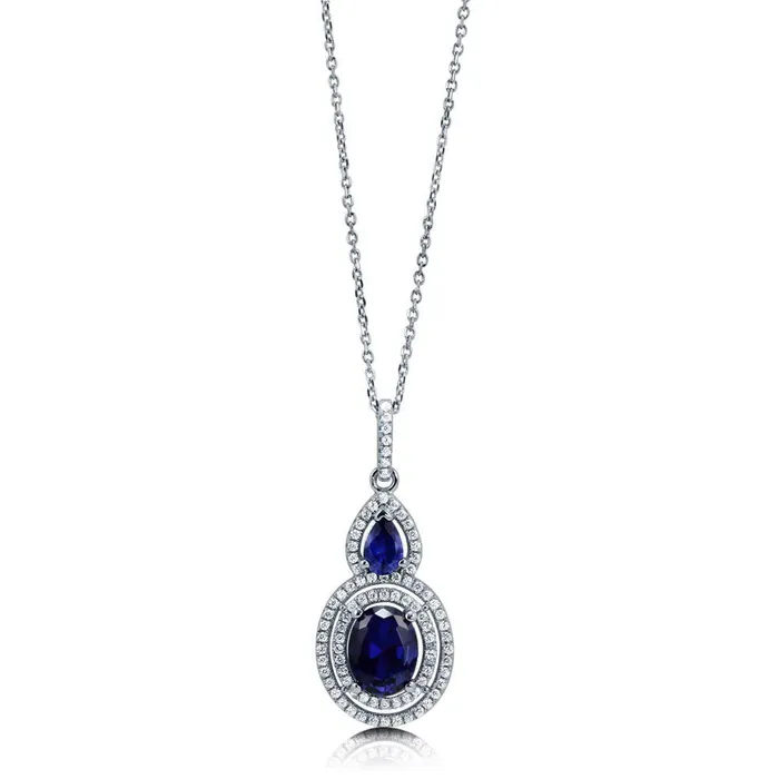 Halo Simulated Blue Sapphire Oval CZ Necklace in Sterling Silver BERRICLE Necklaces