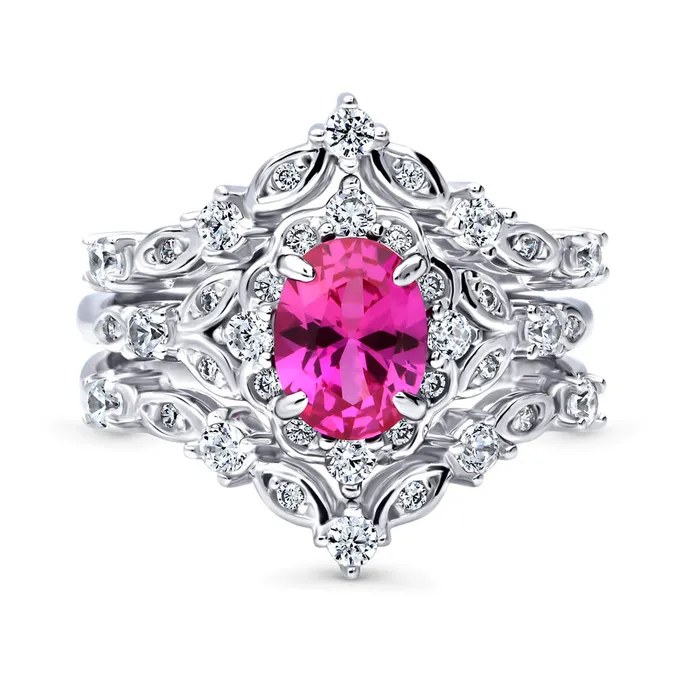 Halo Wishbone Pink Oval CZ Ring Set in Sterling Silver BERRICLE Rings