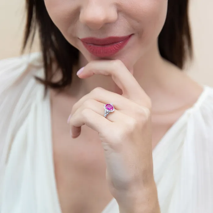 Halo Wishbone Pink Oval CZ Ring Set in Sterling Silver BERRICLE Rings