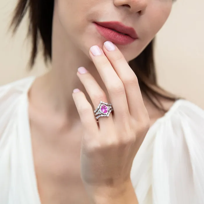 Halo Wishbone Pink Oval CZ Ring Set in Sterling Silver BERRICLE Rings
