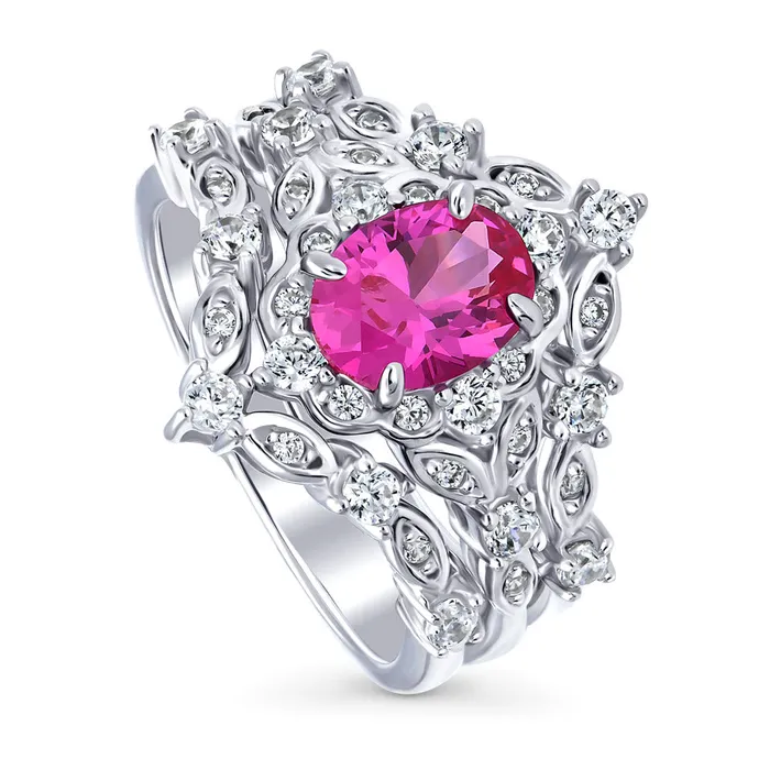 Halo Wishbone Pink Oval CZ Ring Set in Sterling Silver BERRICLE Rings