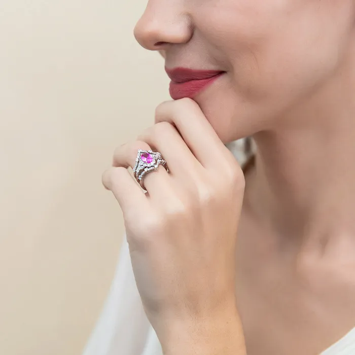 Halo Wishbone Pink Oval CZ Ring Set in Sterling Silver BERRICLE Rings