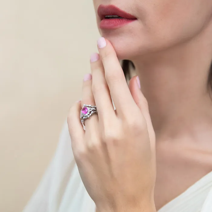 Halo Wishbone Pink Oval CZ Ring Set in Sterling Silver BERRICLE Rings