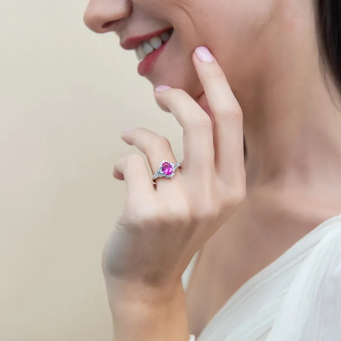 Halo Wishbone Pink Oval CZ Ring Set in Sterling Silver BERRICLE Rings