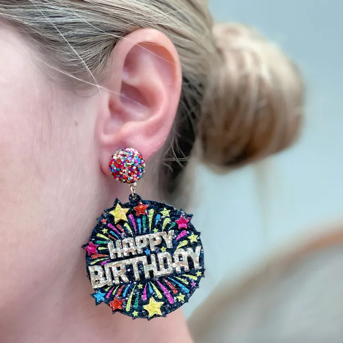 Happy Birthday Fireworks Glitter Dangle Earrings Prep Obsessed RNK Earrings