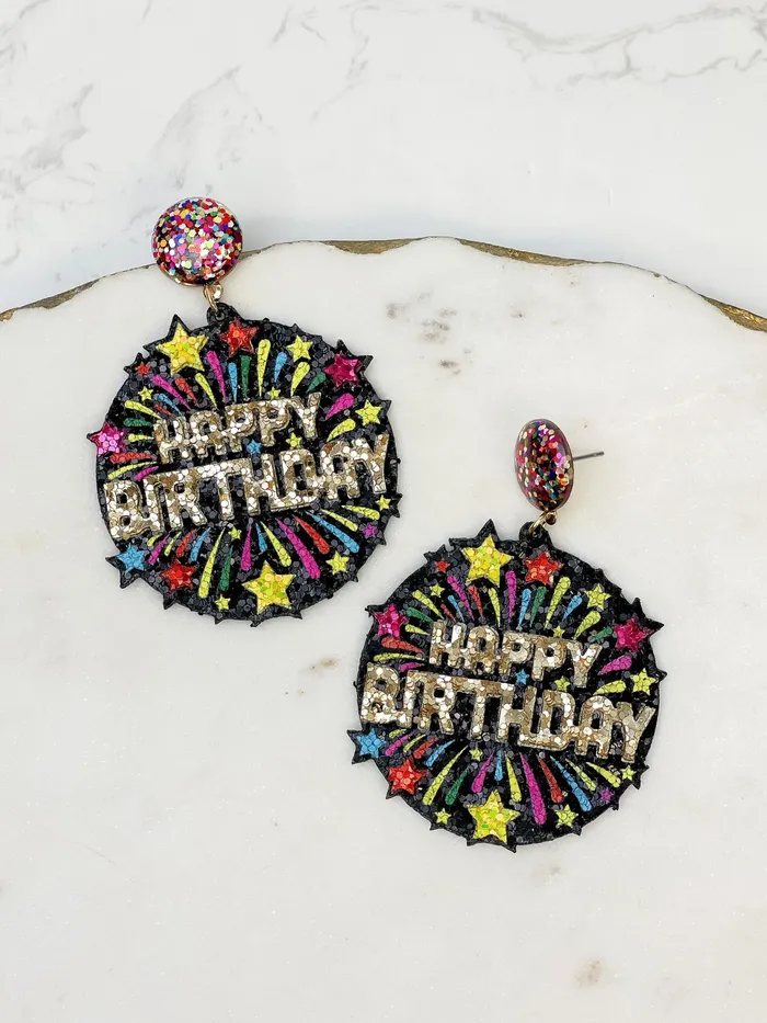 Happy Birthday Fireworks Glitter Dangle Earrings Prep Obsessed RNK Earrings