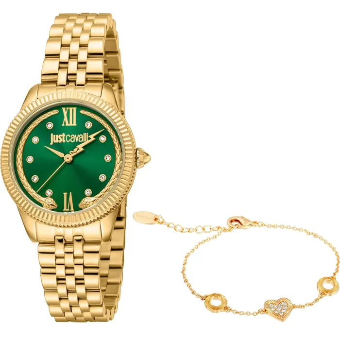 Just Cavalli Lovestruck Valentines Yellow Gold Green Watch and Bracelet Set Just Cavalli Bracelets