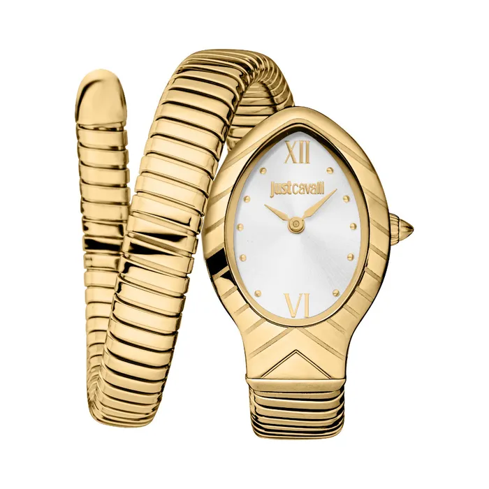 Just Cavalli Snake Shape Womens Watch Gold Color Case Silver Dial Metal Bracelet Just Cavalli Bracelets
