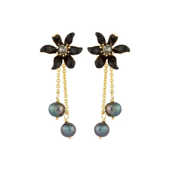 Les Nereides Black Lily and Cultured Pearls Post Earrings Les Nereides Earrings
