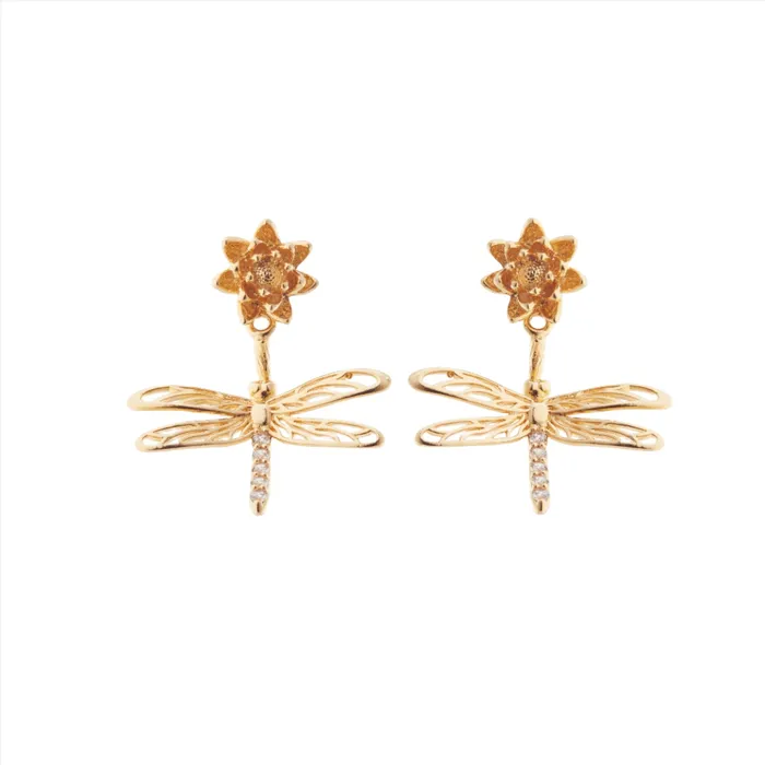 Les Nereides Earrings Les Nereides Dragonfly Flower and Crystal Dangling post Earrings