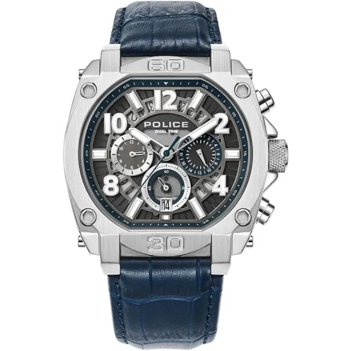 Police Watches Police Norwood Gents Chronograph Charcoal Dial Silver Blue Leather Strap Watch