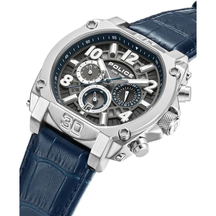 Police Watches Police Norwood Gents Chronograph Charcoal Dial Silver Blue Leather Strap Watch