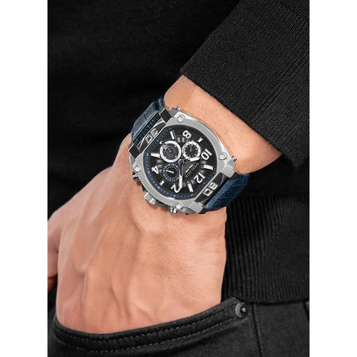 Police Watches Police Norwood Gents Chronograph Charcoal Dial Silver Blue Leather Strap Watch