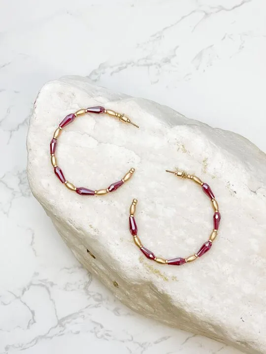 Prep Obsessed CT Earrings Gold Beaded Skinny Hoop Earrings Burgundy