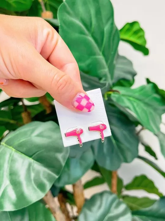 Prep Obsessed LM Earrings Hair Blow Dryer Signature Enamel Stud Earrings Pink