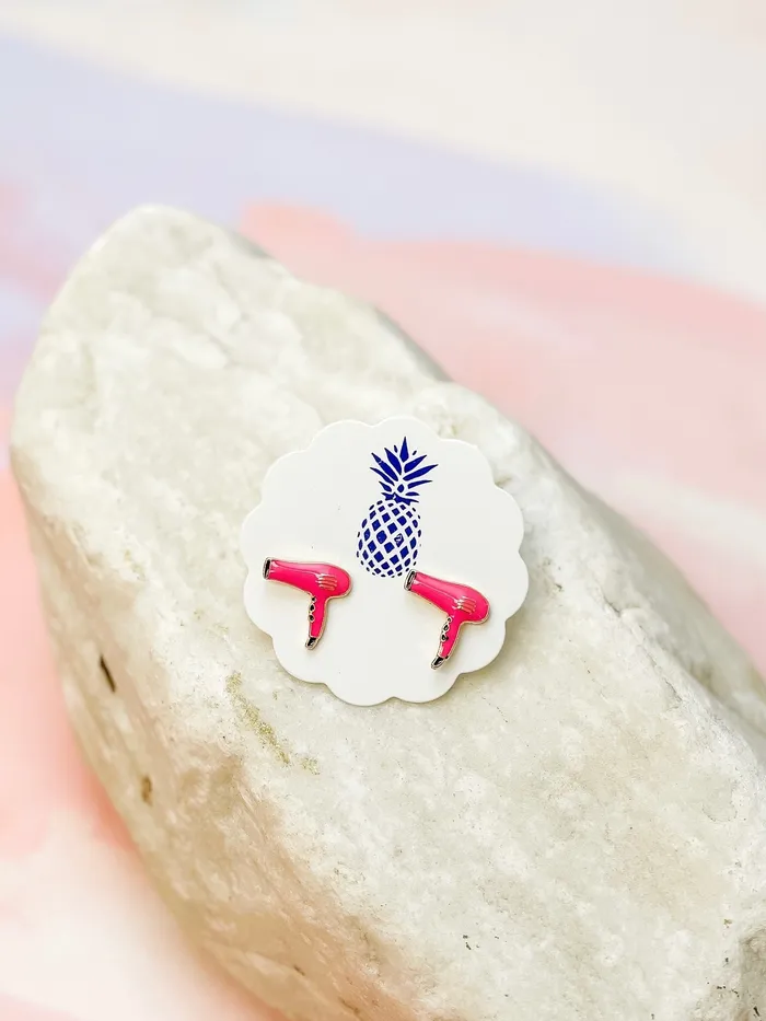Prep Obsessed LM Earrings Hair Blow Dryer Signature Enamel Stud Earrings Pink