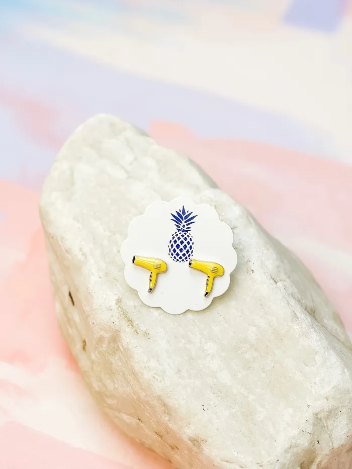 Prep Obsessed LM Earrings Hair Blow Dryer Signature Enamel Stud Earrings Yellow