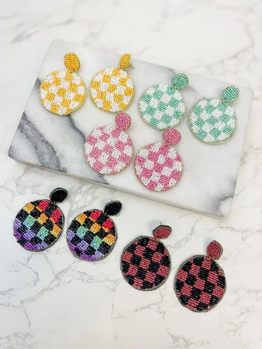Prep Obsessed MOA Earrings Checkered Beaded Dangled Earrings Multi