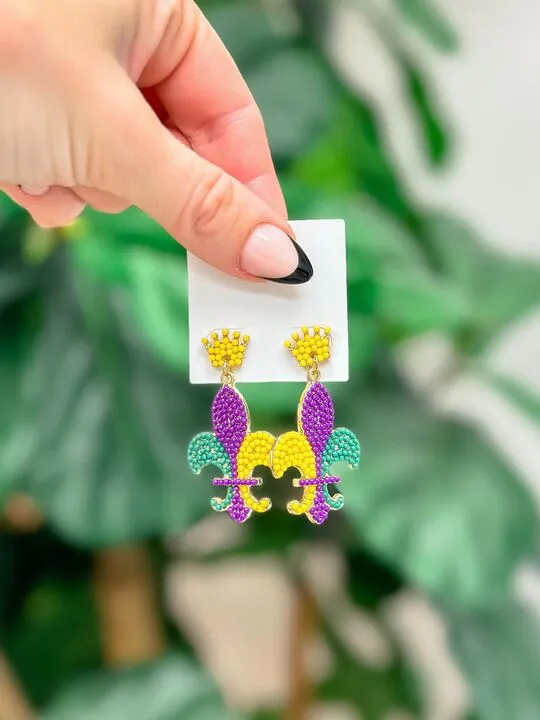Prep Obsessed MOA Earrings Mardi Gras Fleur De Lis Beaded Dangle Earrings