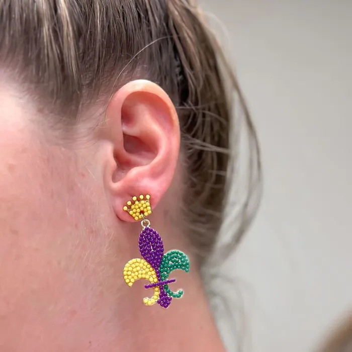 Prep Obsessed MOA Earrings Mardi Gras Fleur De Lis Beaded Dangle Earrings