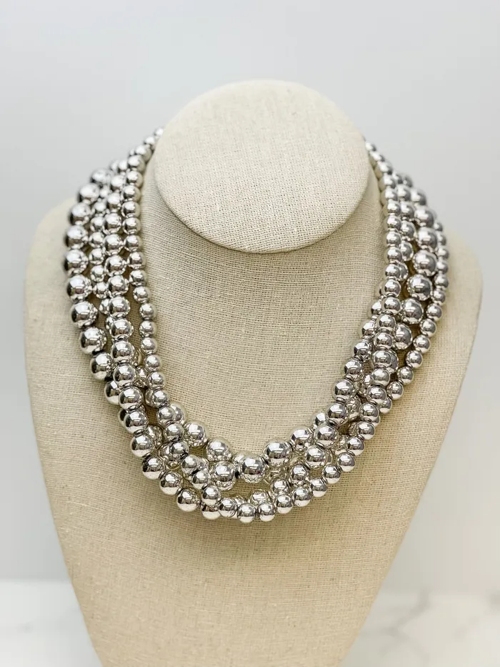 Prep Obsessed MOA Shiny Silver Beaded Multi Strand Necklace Necklaces