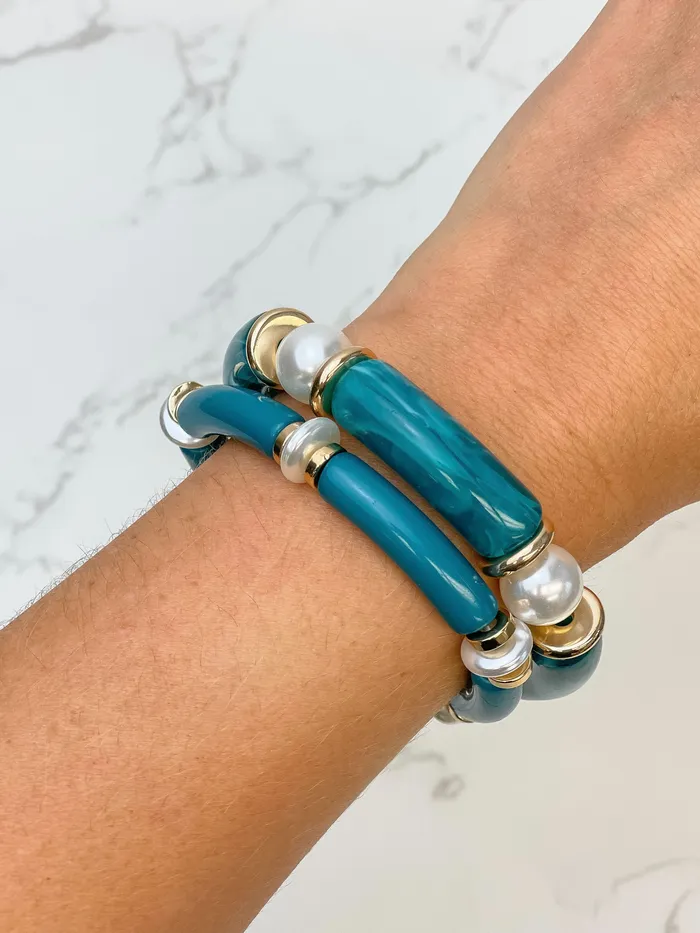 Prep Obsessed PR Bracelets Acrylic Pearl Tube Bracelet Set Teal