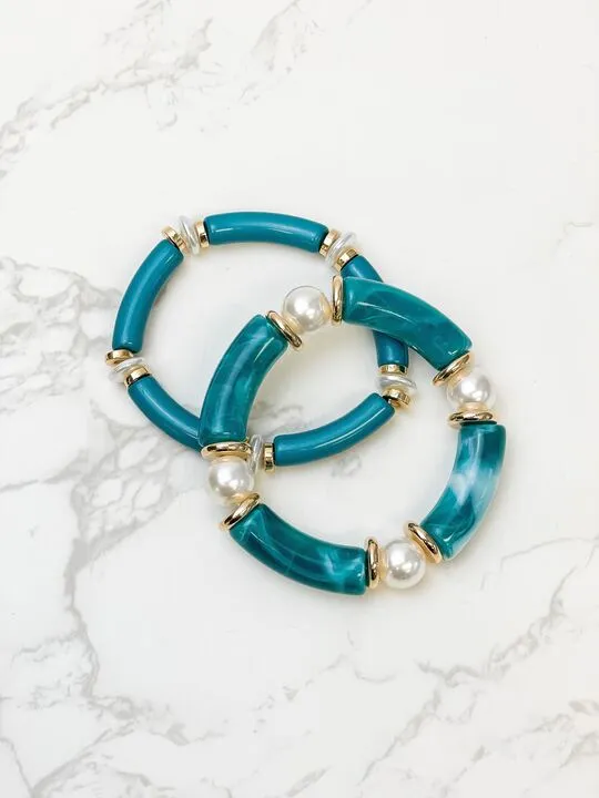 Prep Obsessed PR Bracelets Acrylic Pearl Tube Bracelet Set Teal