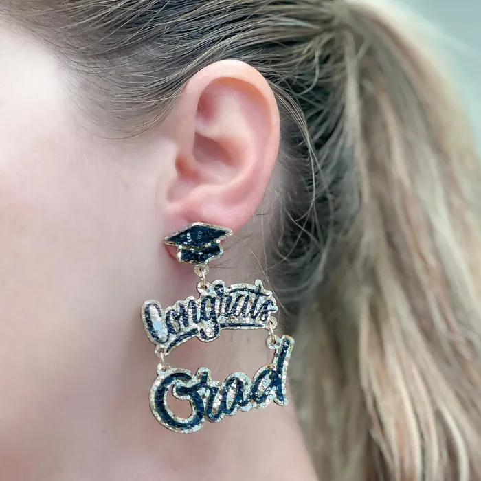Prep Obsessed RNK Earrings Gold Glitter Cursive Congrats Grad Dangle Earrings