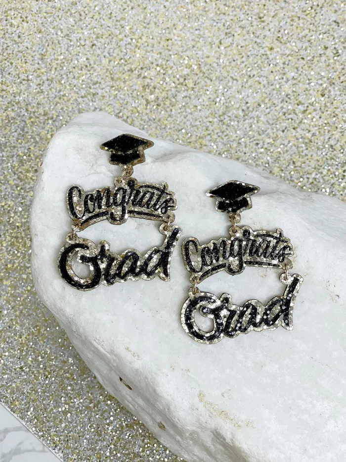 Prep Obsessed RNK Earrings Gold Glitter Cursive Congrats Grad Dangle Earrings