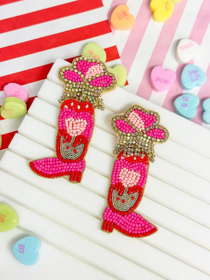 Prep Obsessed TL Earrings Hot Pink Cowgirl Boot Beaded Dangle Earrings