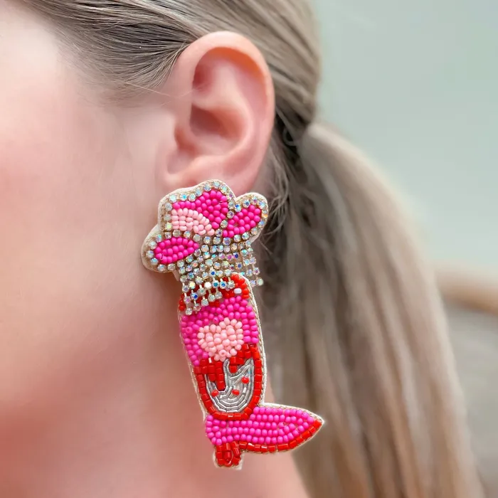 Prep Obsessed TL Earrings Hot Pink Cowgirl Boot Beaded Dangle Earrings
