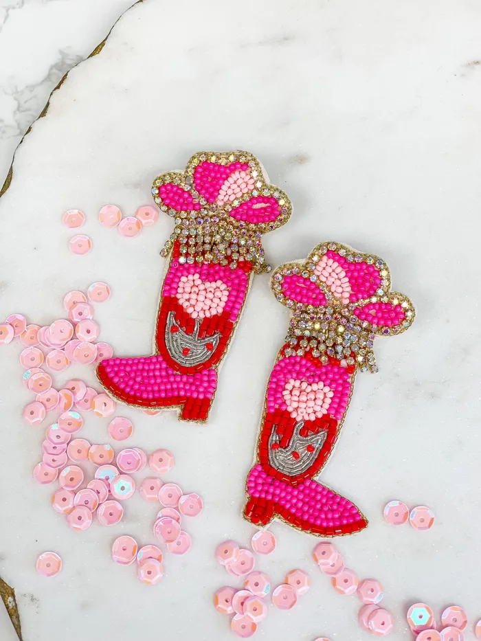 Prep Obsessed TL Earrings Hot Pink Cowgirl Boot Beaded Dangle Earrings